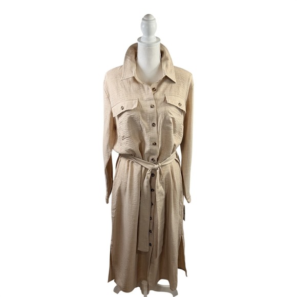 Dkny Dresses & Skirts - NWT DKNY Collared Button Tan Shirtdress Long sleeve collar -Removable belt Large
